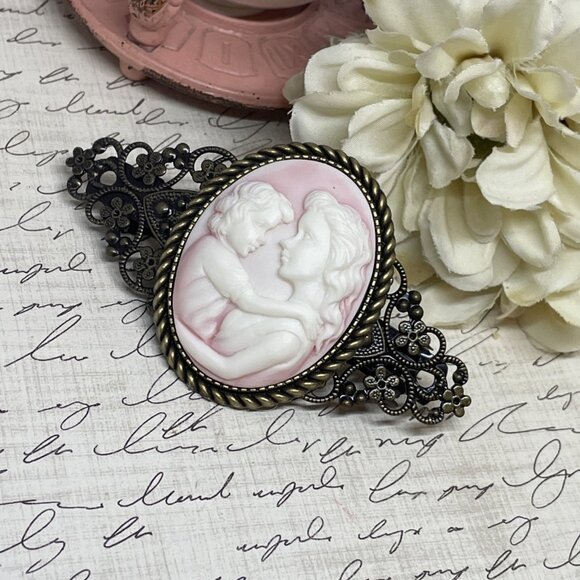 Pink White Mother Child Christmas Gift Mom New Cameo Pin Hair Clip Jewelry Comb - Picture 3 of 11